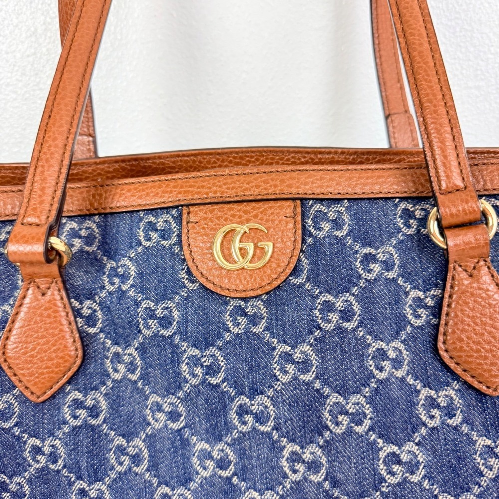 Gucci GG Monogram Denim Tote Bag Medium Blue Brown Leather Trim Tea Cuir - Picture 3 of 16